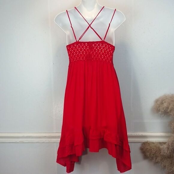 RUE 21 Red strappy peekaboo lace V neck ruffle hemline mini dress size XS n boho - Picture 9 of 12